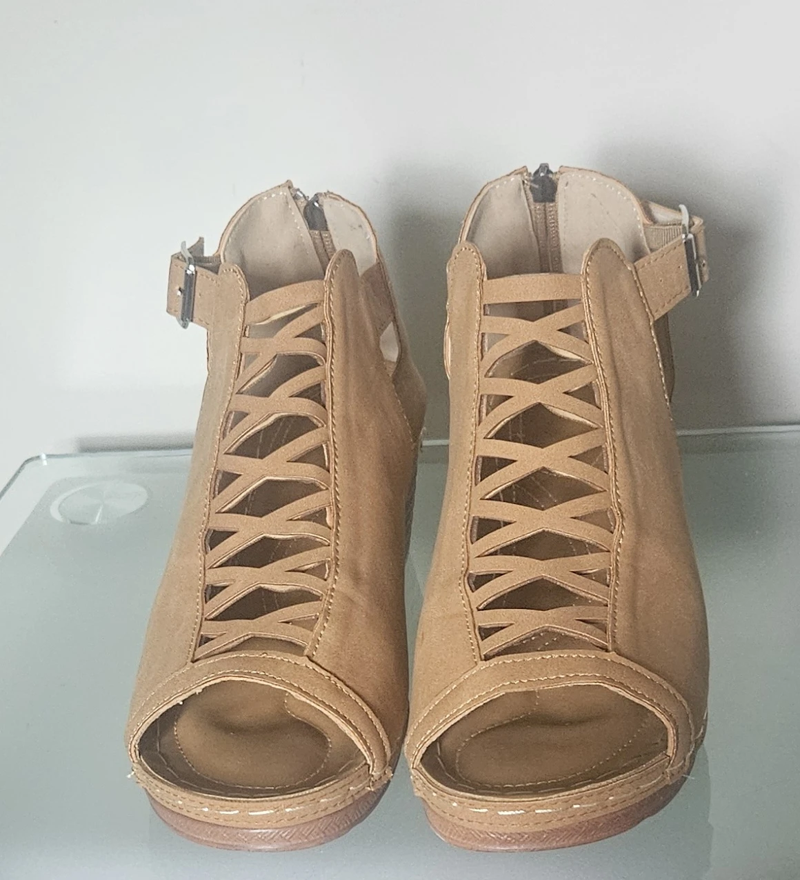 Women's Tan Peep-Toe Gladiator Heels