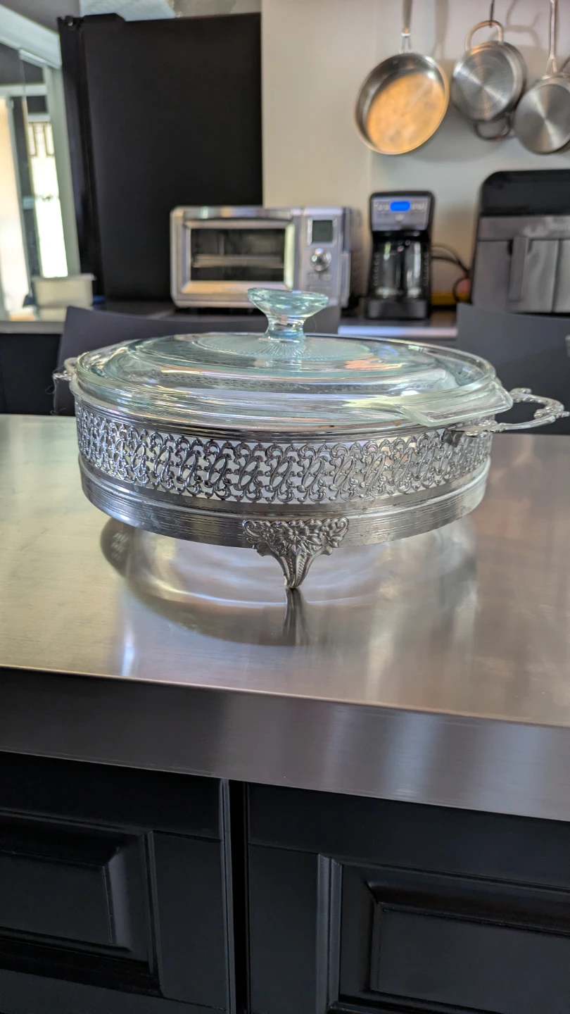 Vintage Glass Casserole Dish with Silver Plated Holder