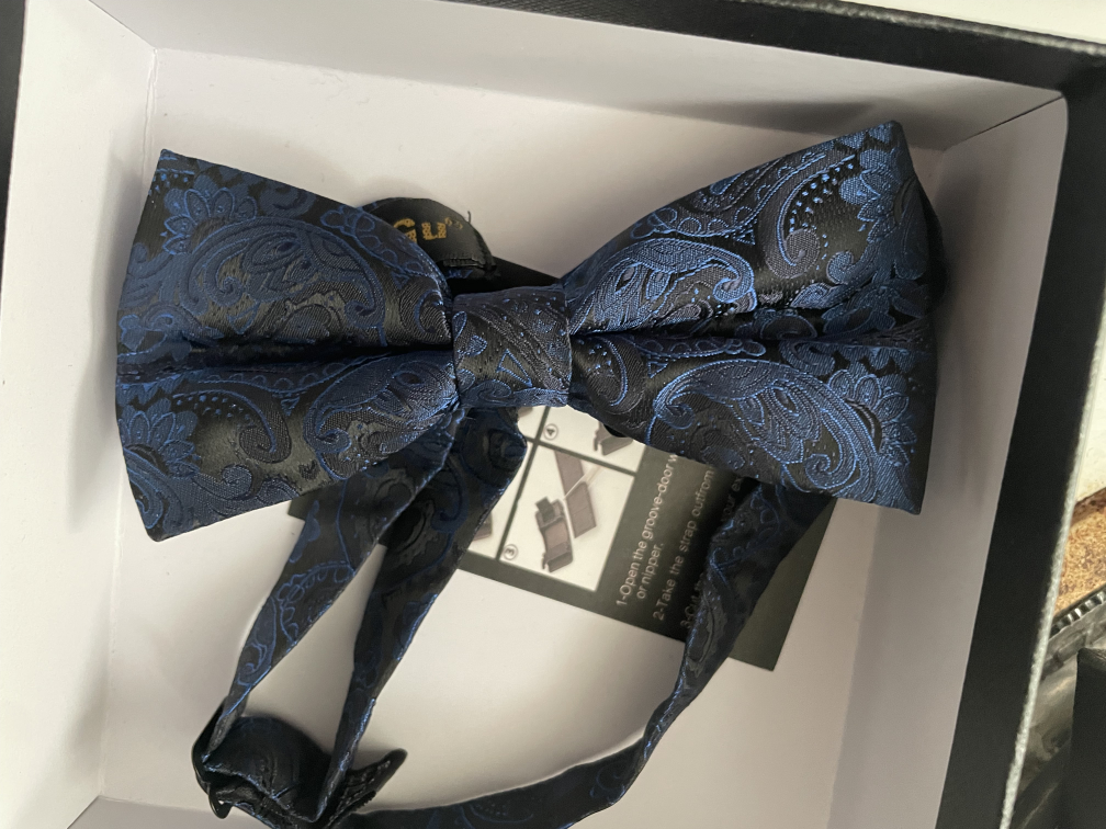 Blue Paisley Bow Tie Cufflinks Pocket Square Set