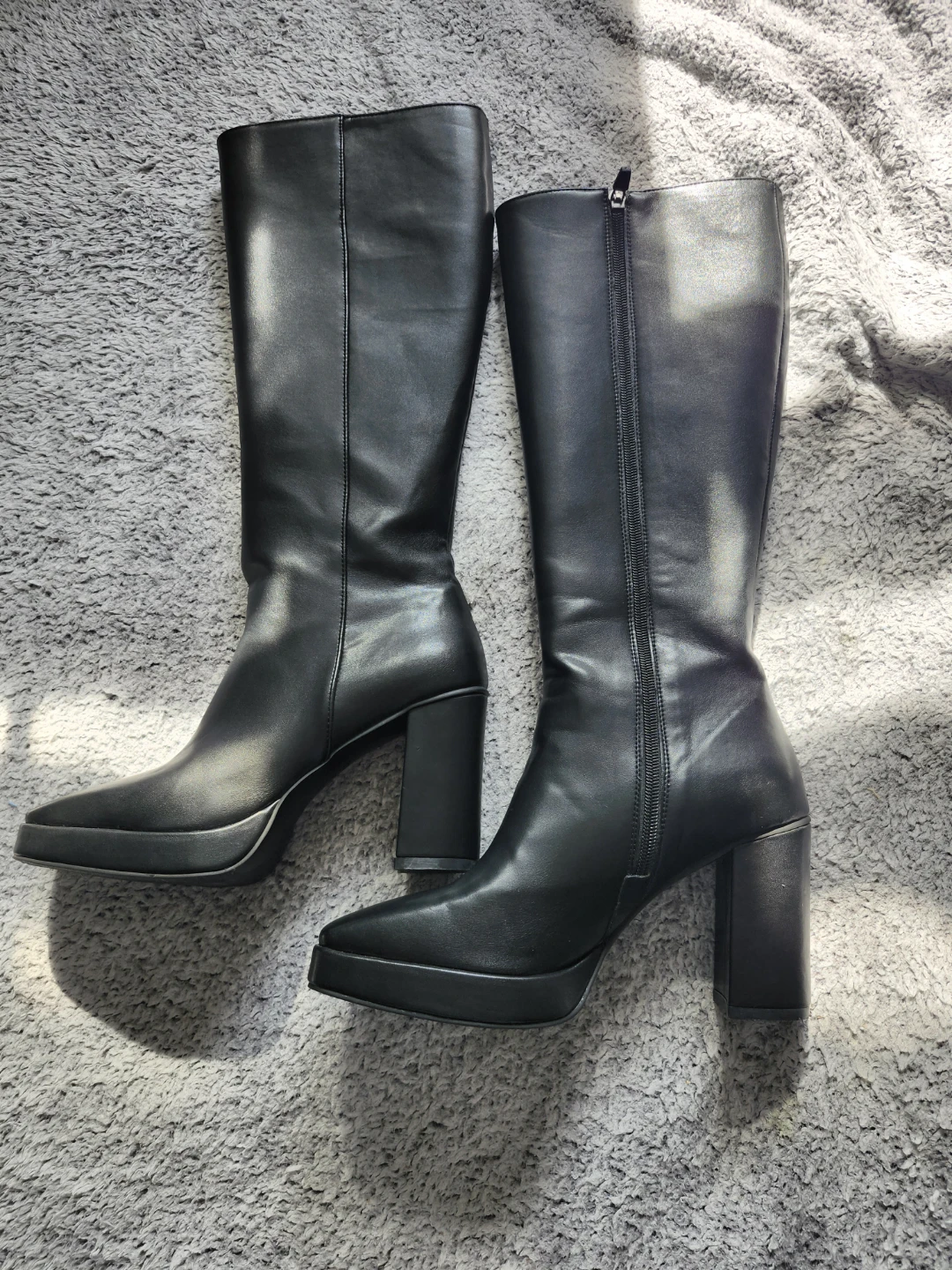 Black Platform Knee-High Boots with Block Heel
