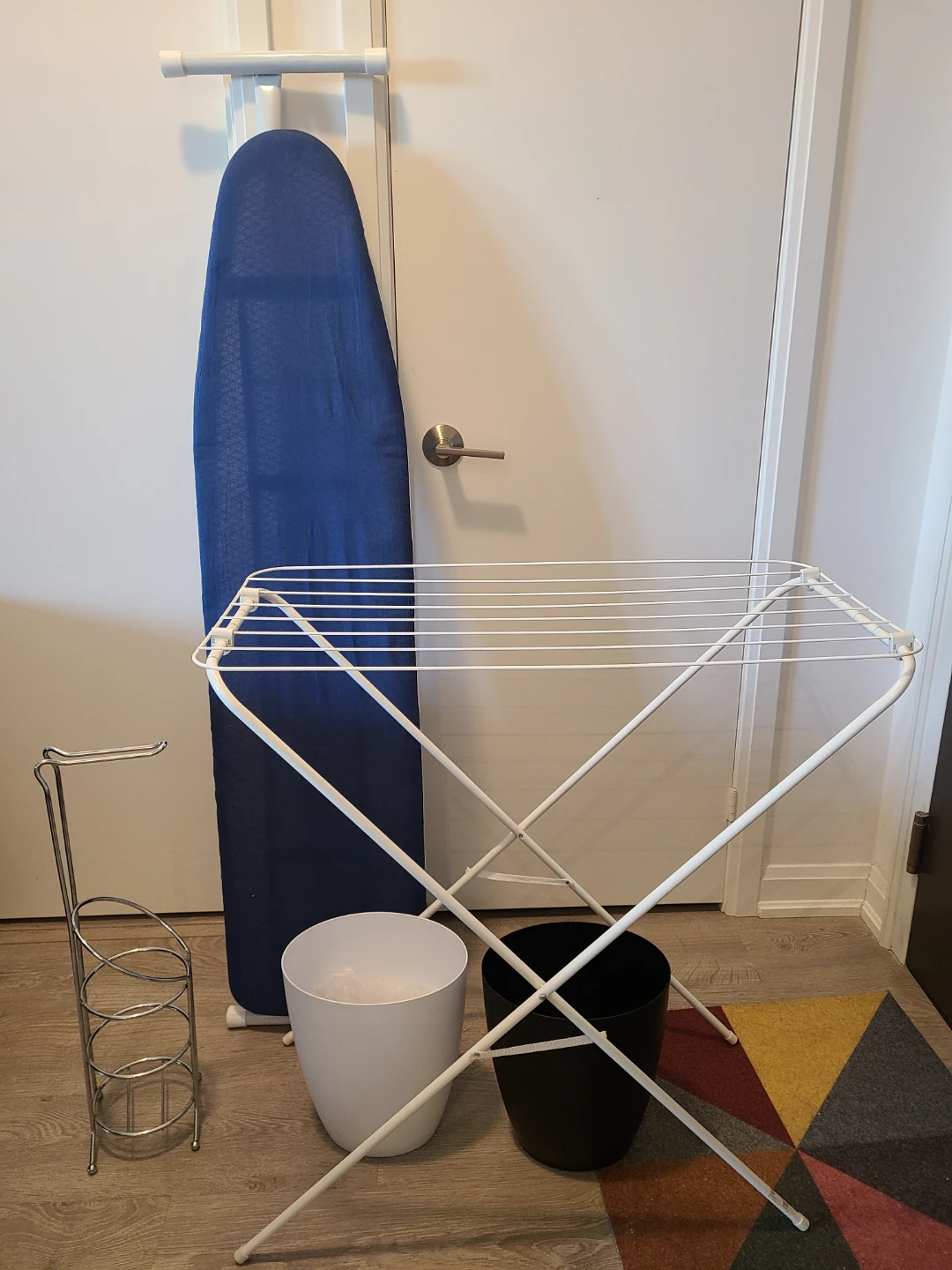 Blue Ironing Board, Drying Rack, Umbra Bins, TP Holder