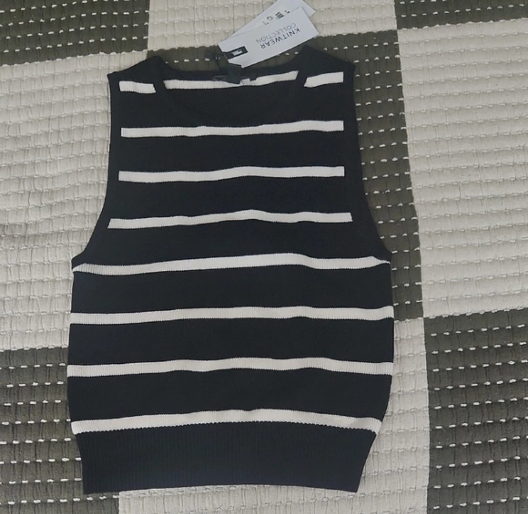 Dynamite Black & White Striped Knit Tank Top XXS