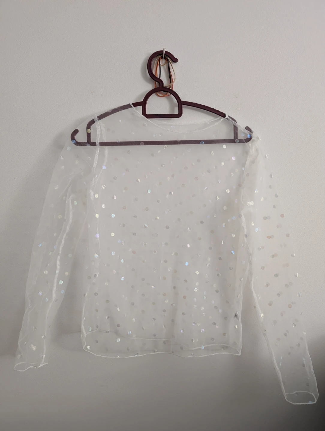 Sheer Polka Dot Mesh Sheer See Through Long Sleeve Top 15" ptp