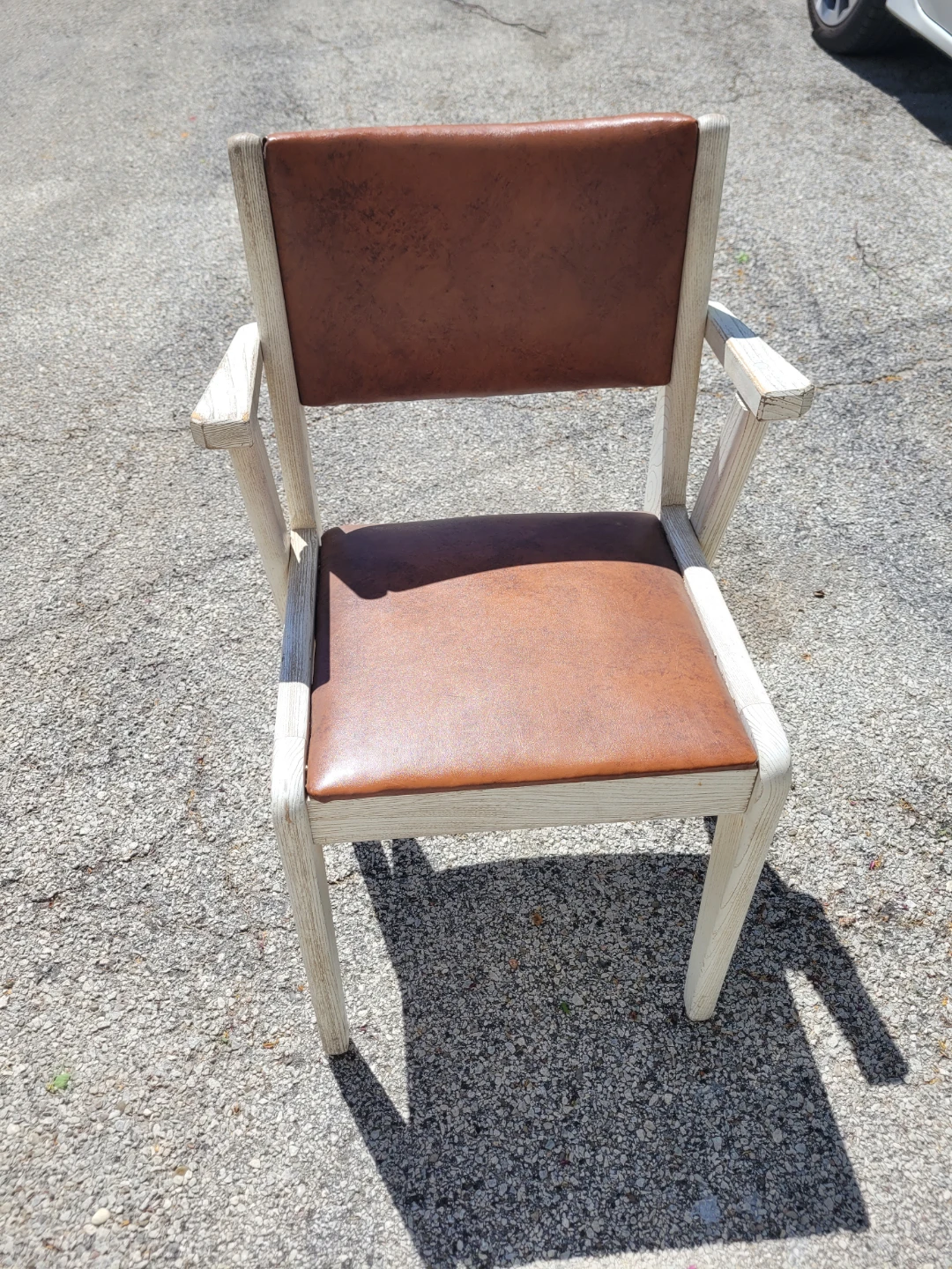 Wooden Arm Chair with Brown Faux Leather Seat and Back