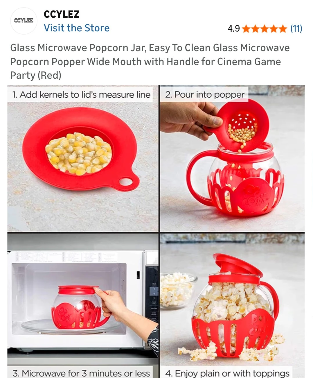 CCYLEZ Glass Microwave Popcorn Popper Jar Red - photo 3