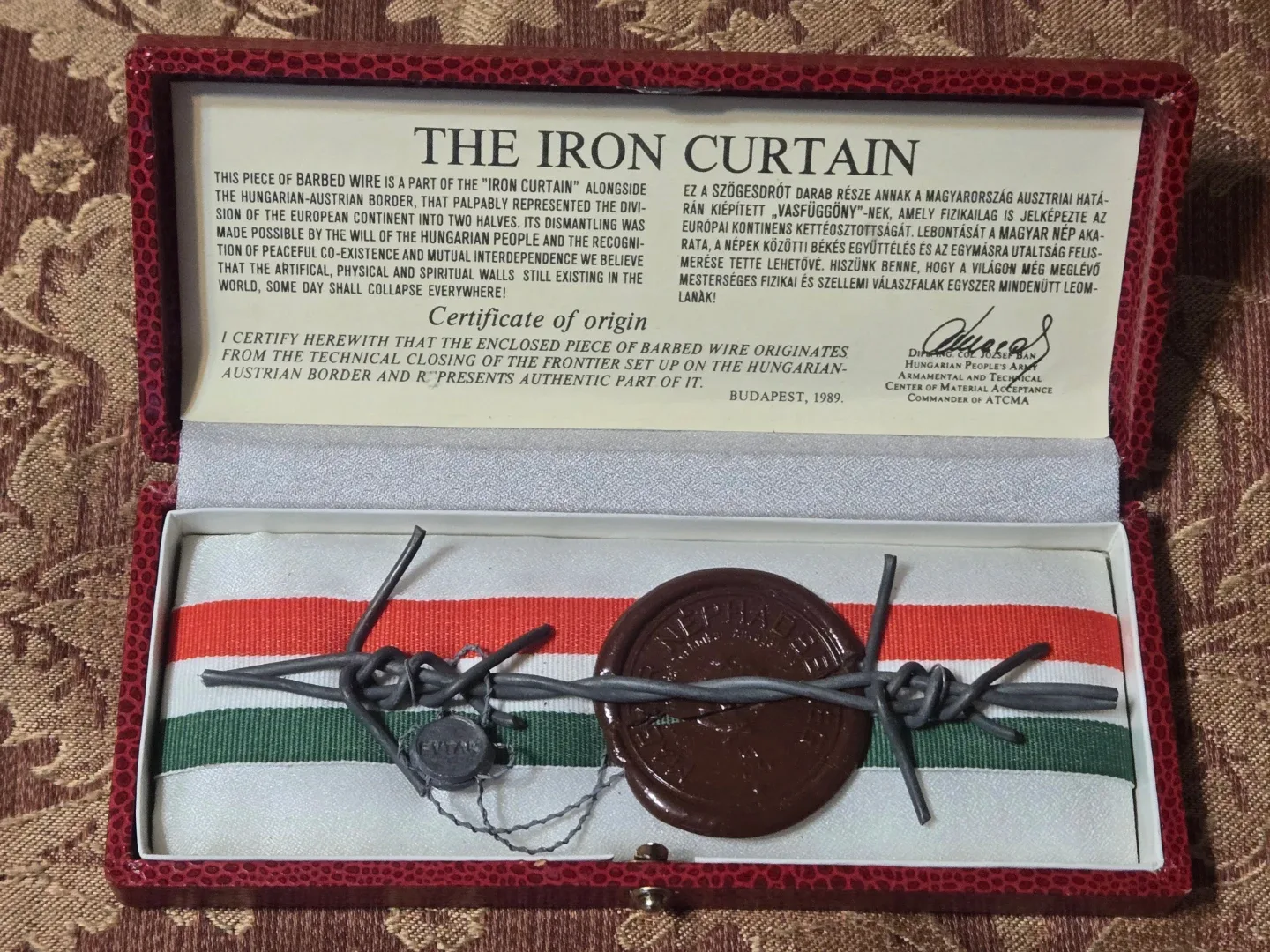 The Iron Curtain piece of barbed wire with certificate of origin