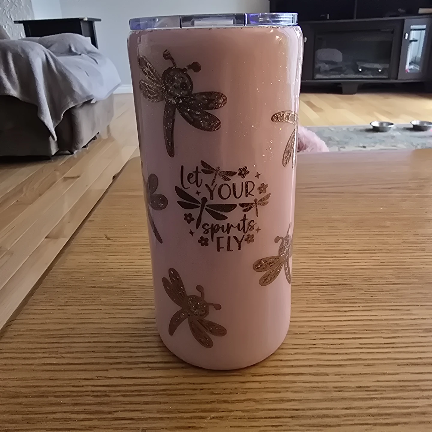 Pink Tumbler with Dragonflies and "Let Your Spirits Fly" Decal