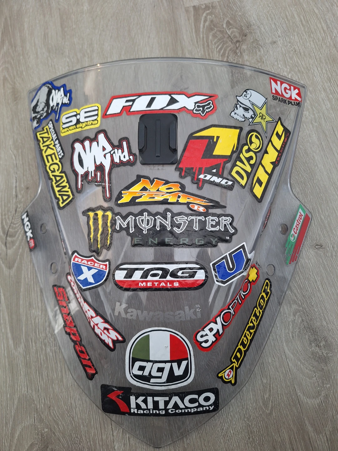 Ninja Motorcycle Windshield with various racing stickers