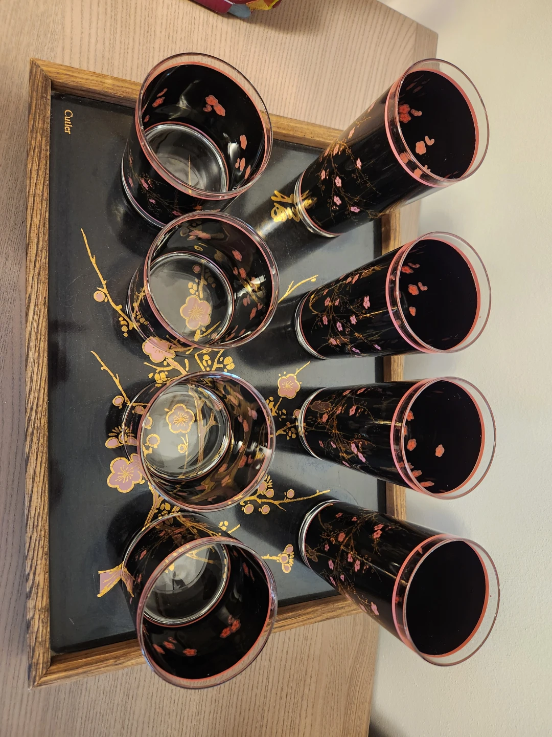 Set of 8 Black Glasses with Cherry Blossom Design - photo 2
