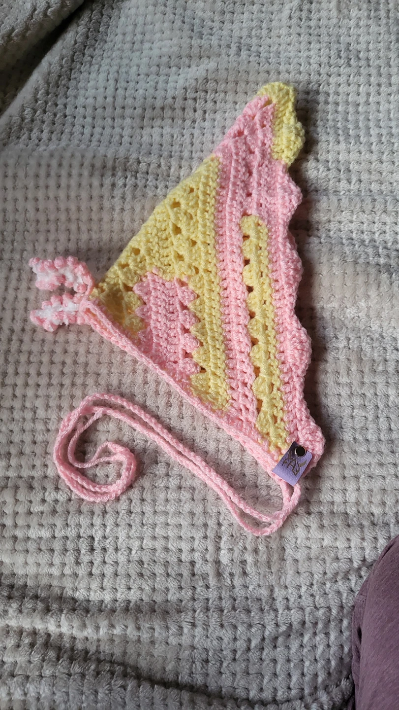 Handmade Crochet Moth bandana- Pink & yellow