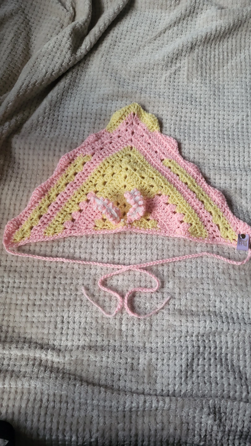 Handmade Crochet Moth bandana- Pink & yellow - photo 2
