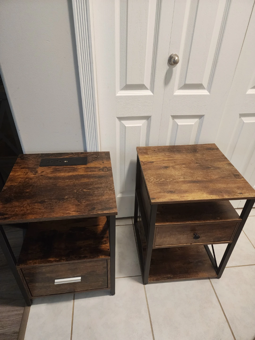 2 rustic tables ,one with charging
