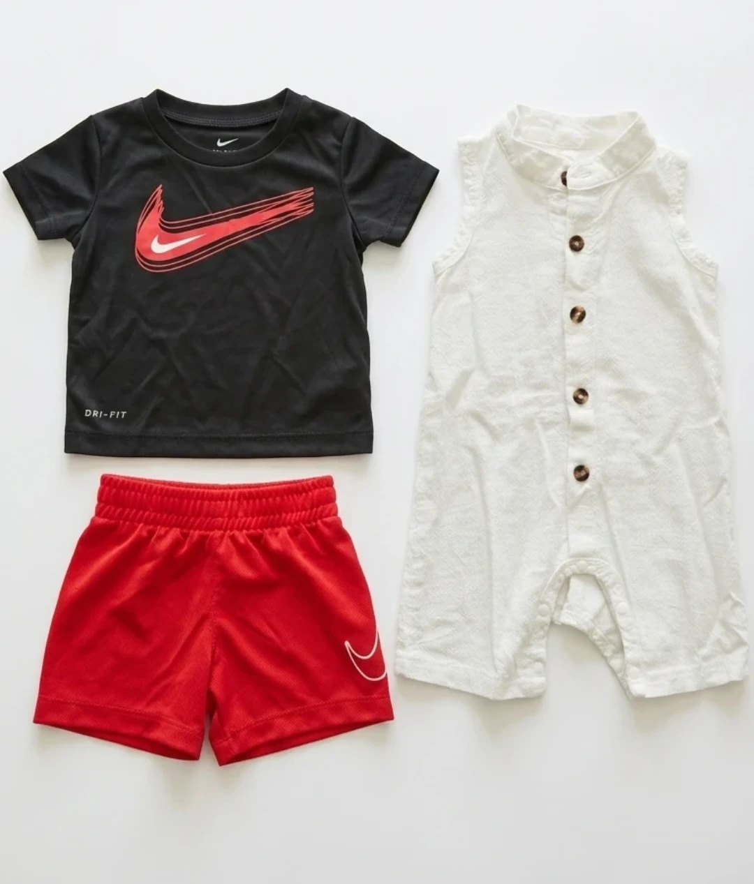 Nike Baby Outfit: Black T-shirt & Red Shorts, White Romper