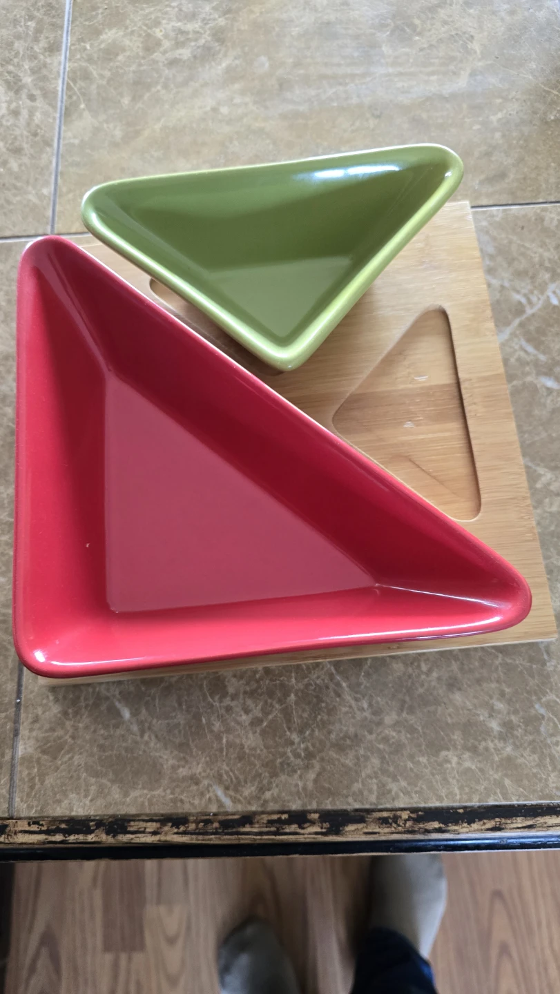 Triangular Serving Dish Set with Bamboo Stand