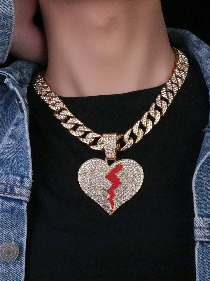 Gold Tone Broken Heart Pendant Necklace with Rhinestones - photo 3