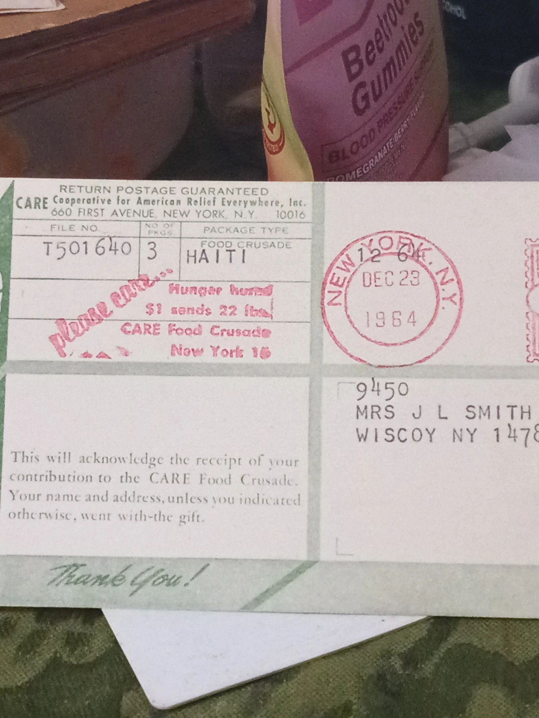CARE Food Crusade Haiti Receipt - December 23, 1964