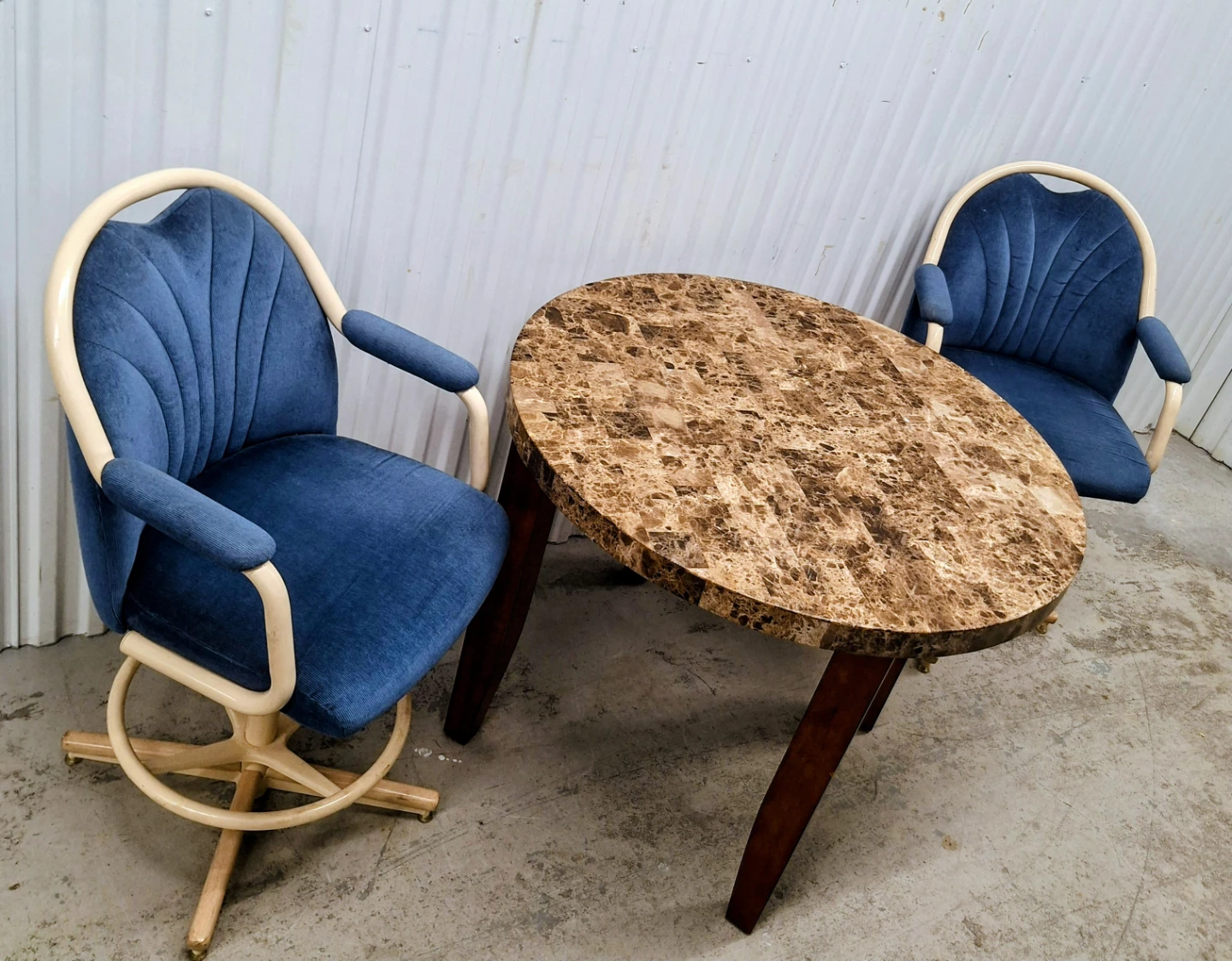 Solid Wood Granite Top Round Table with 2 Swivel Chairs