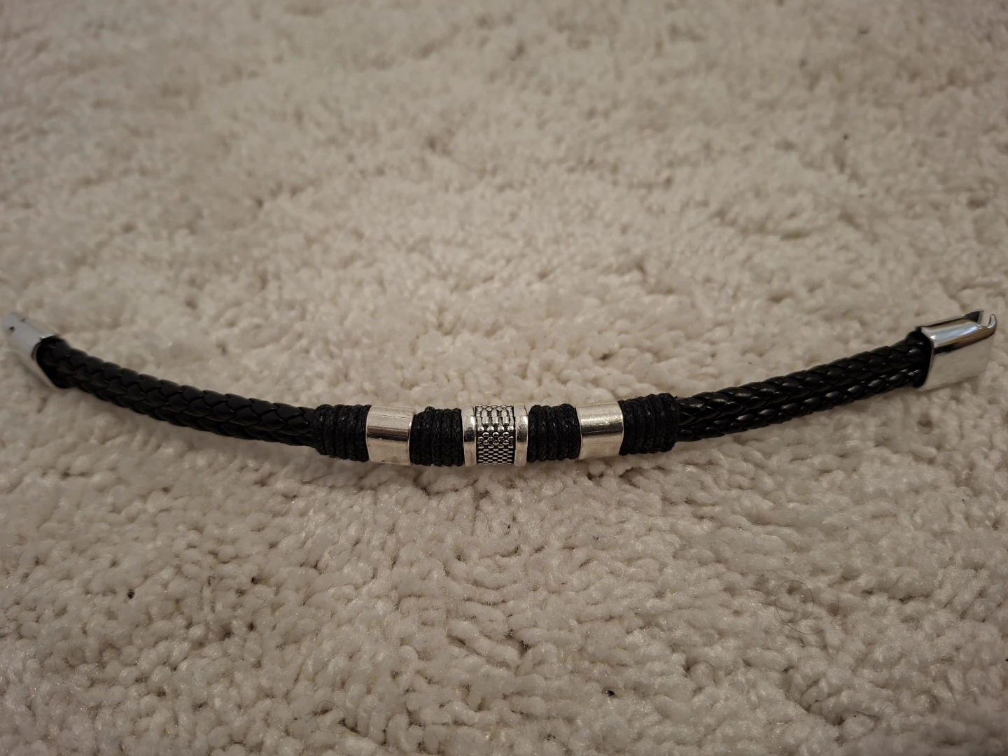 Men's Black Braided Leather Bracelet with Silver Accents - photo 3