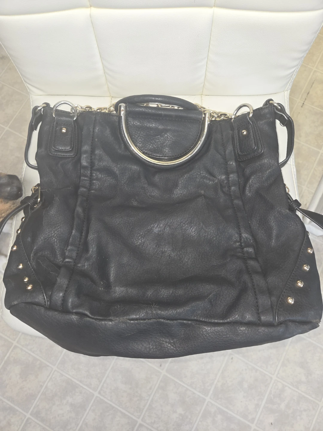 Black Faux Leather Studded Handbag with Silver Chain Accents