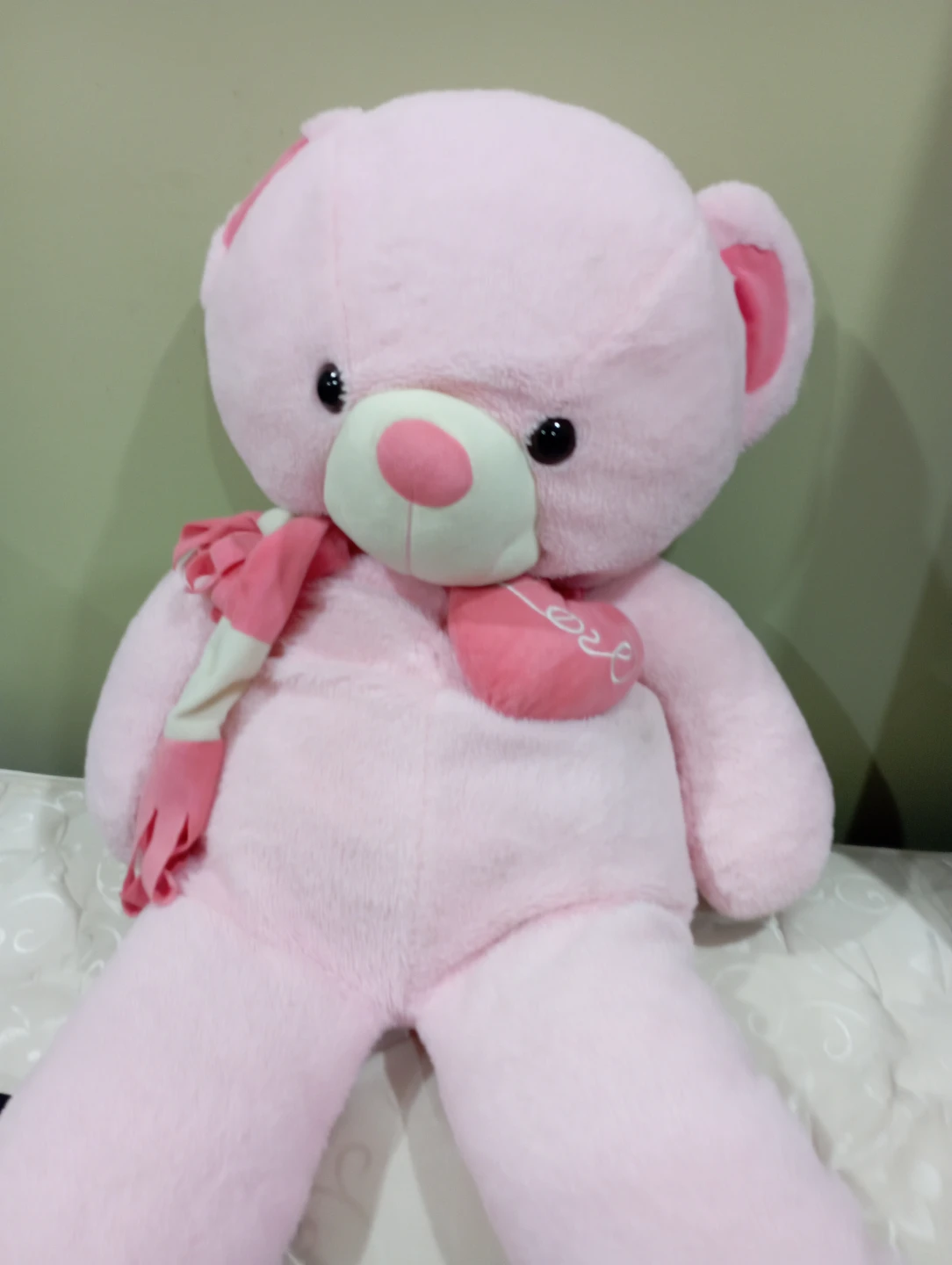 Pink Teddy Bear with Heart and Scarf