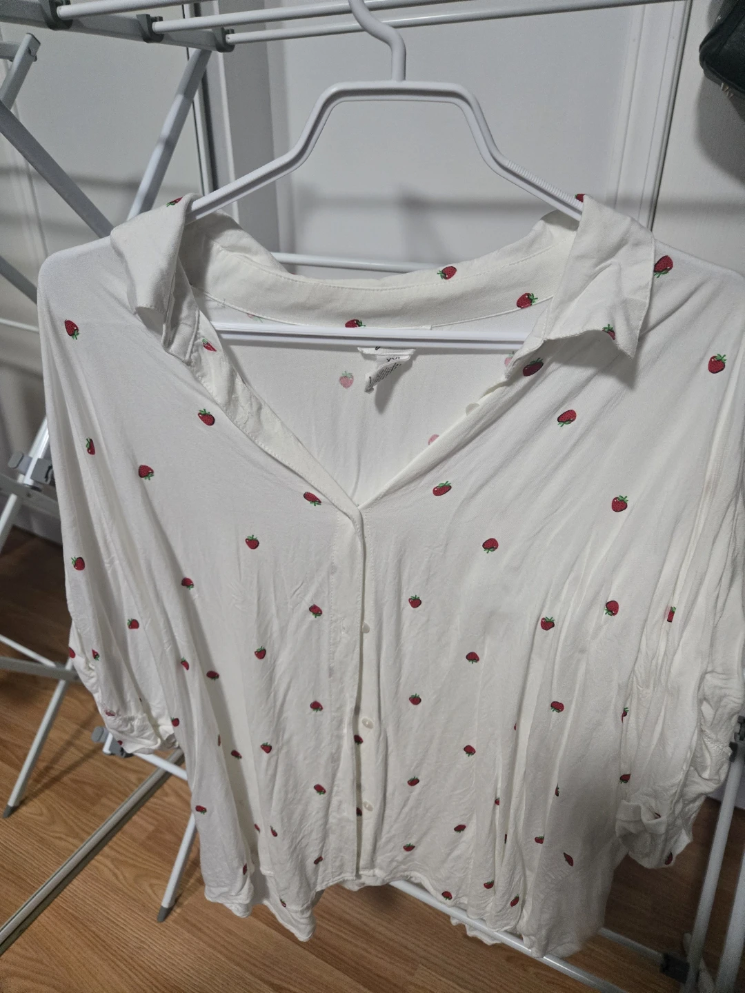 White Strawberry Print Button-Up Shirt