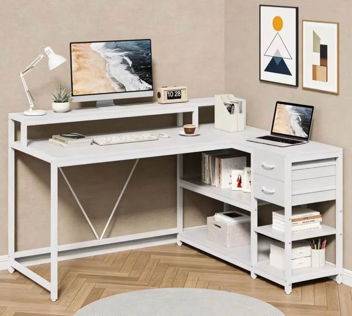 Tribedesigns White L-Shaped Computer Desk with Shelves