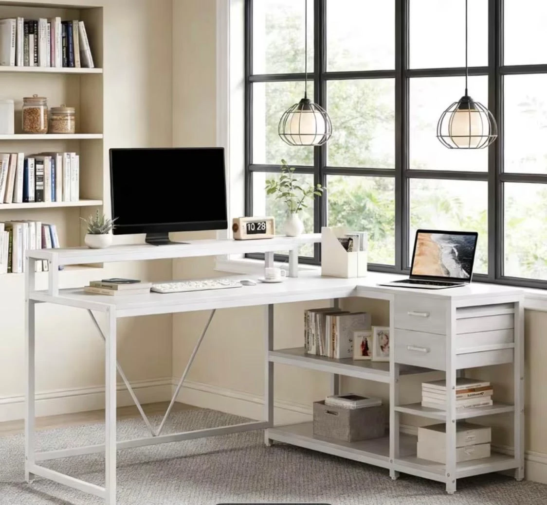 Tribedesigns White L-Shaped Computer Desk with Shelves - photo 4