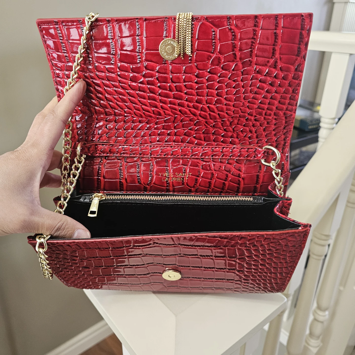 Yves Saint Laurent Red Croc Embossed Chain Wallet - photo 2