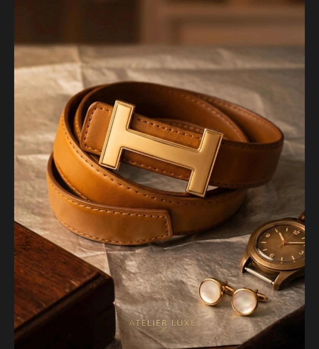 Brown Belt with Gold H Buckle