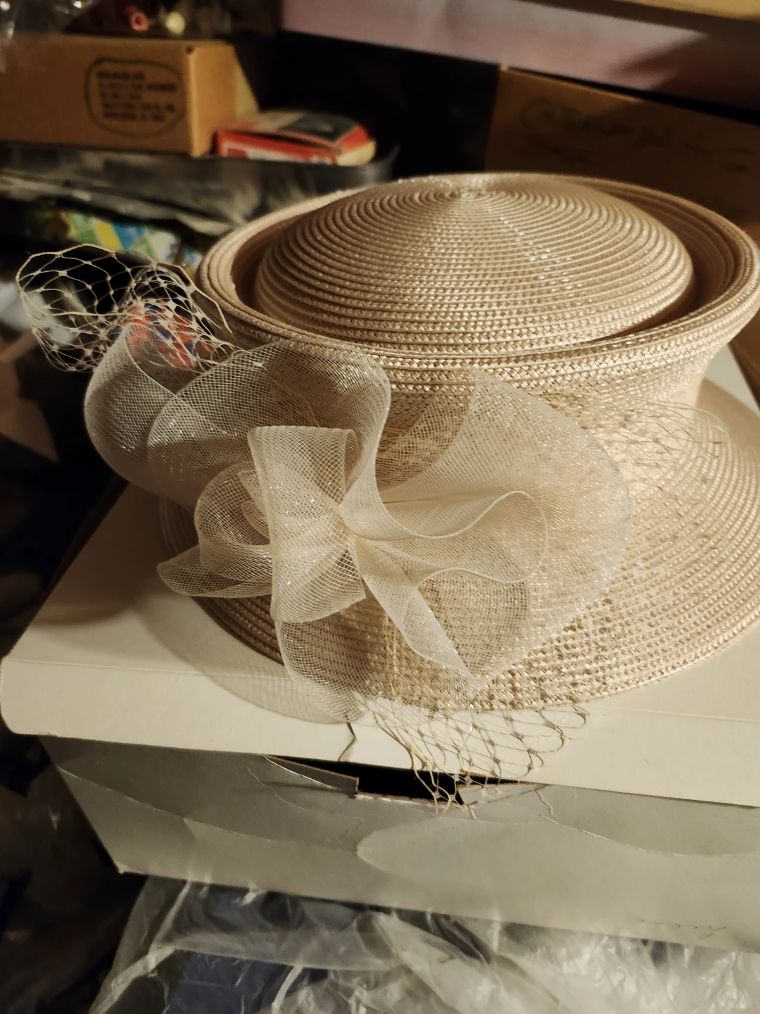 Straw Hat with Netting and Bow