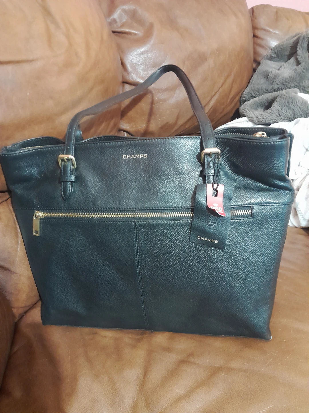 CHAMPS Black Leather Tote Bag