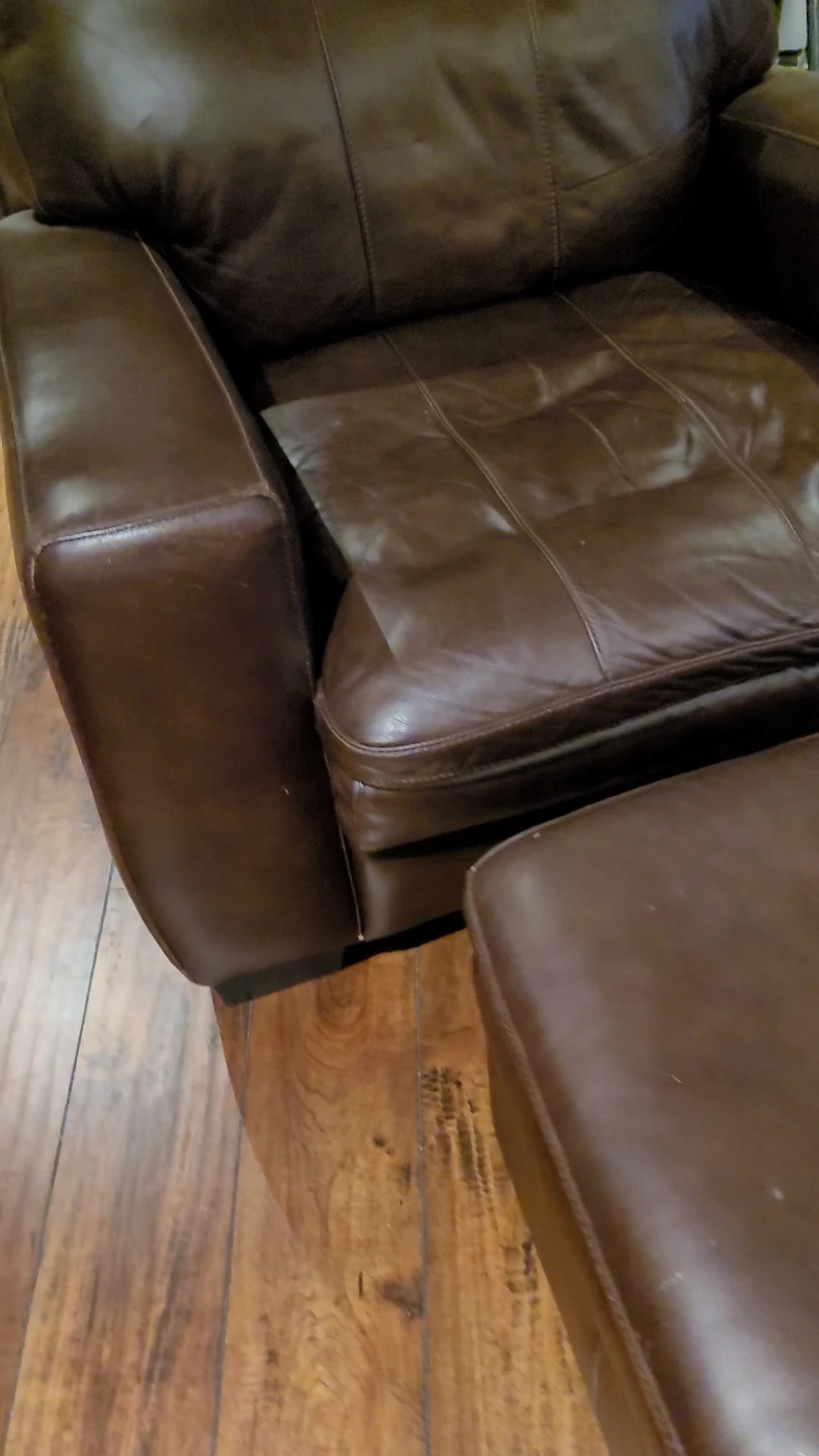 2 Brown Leather Armchairs with Ottoman