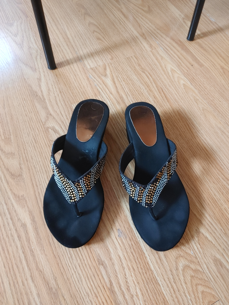 Black Wedge Flip Flops with Rhinestones size 9