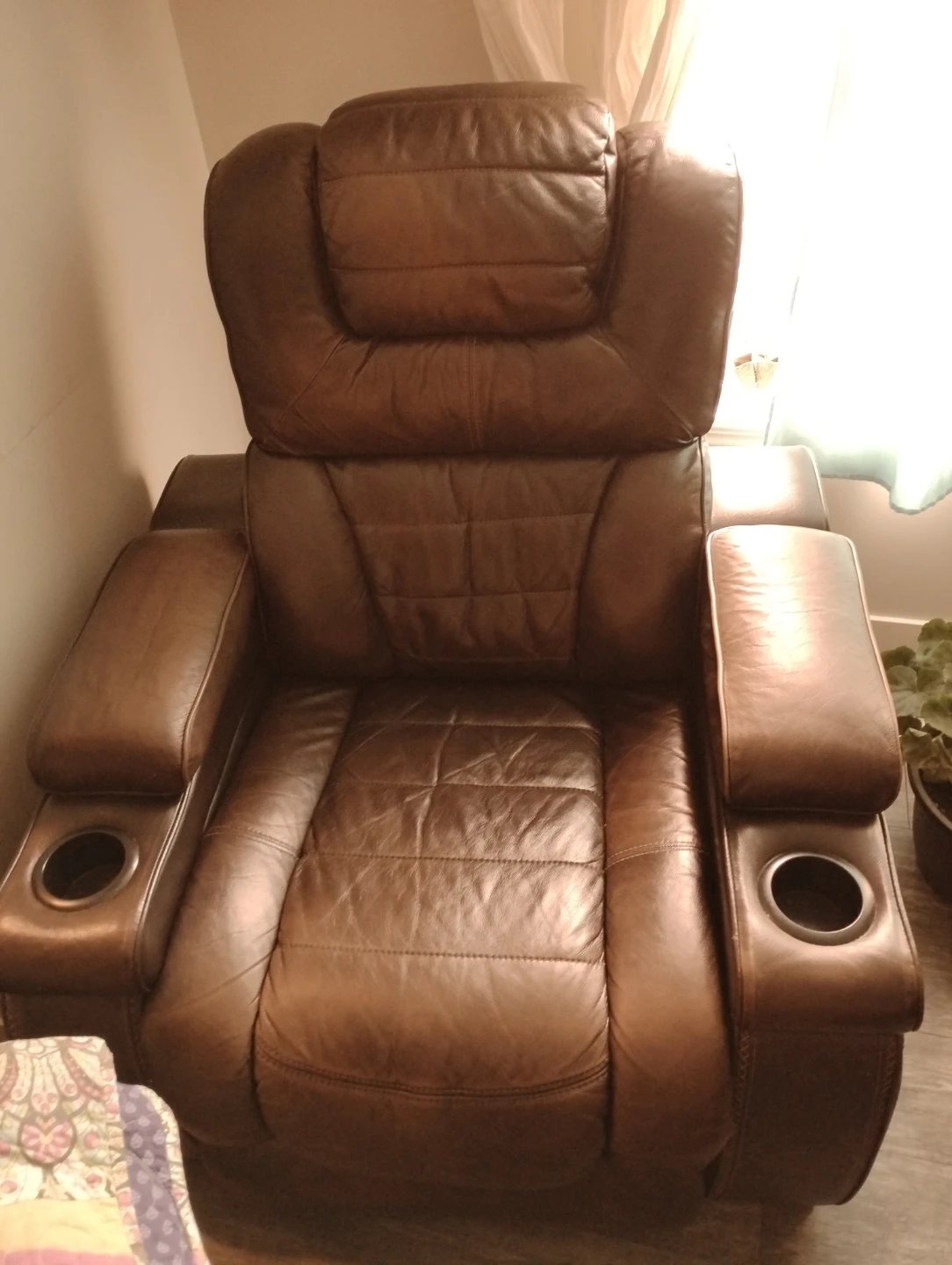 Brown Leather Recliner Chair with USB and Cup Holders