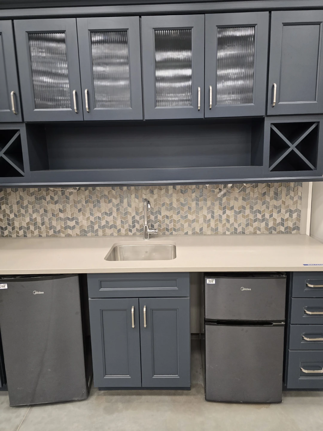 Dark Blue Kitchen Cabinets with Glass Doors