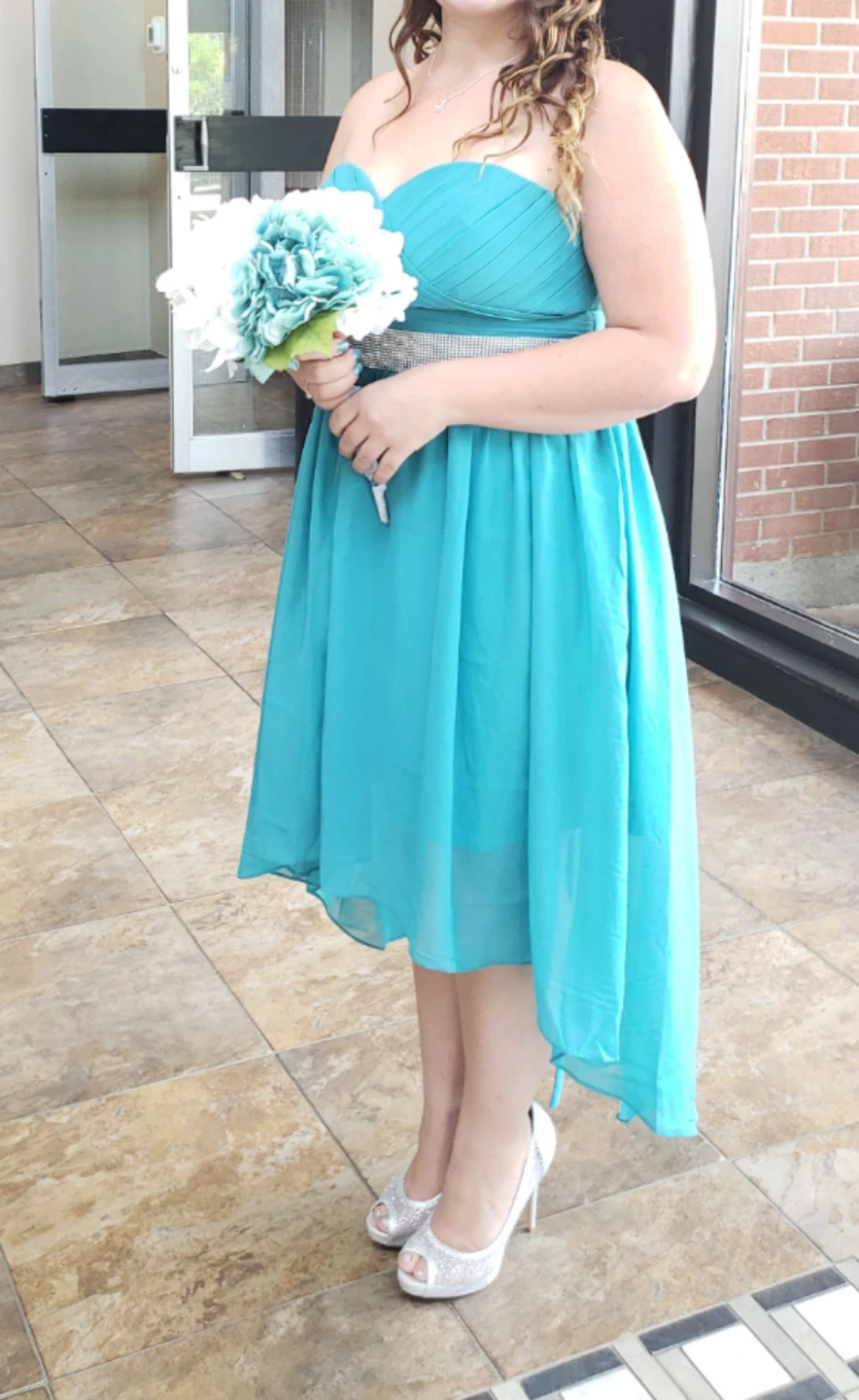 Teal Strapless High-Low Dress with Rhinestone Belt - photo 3