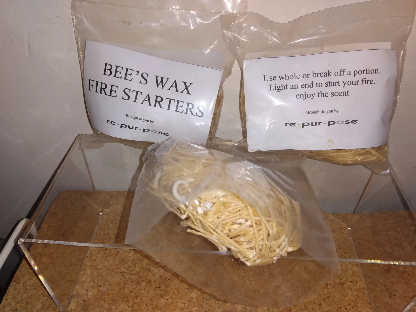 Beeswax firestarters for camping or fireplaces