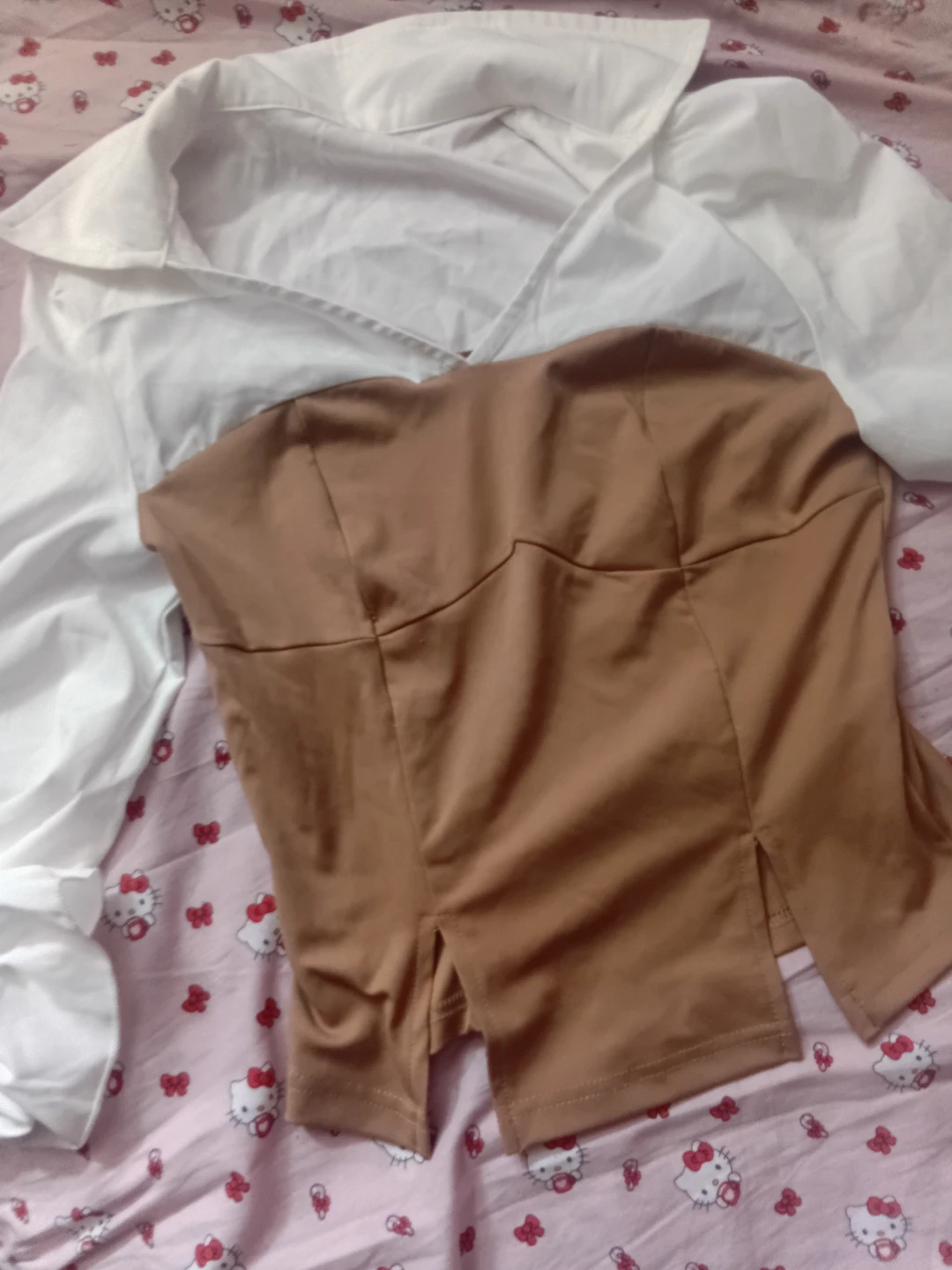 Women's White Collared Shirt and Brown Top Set