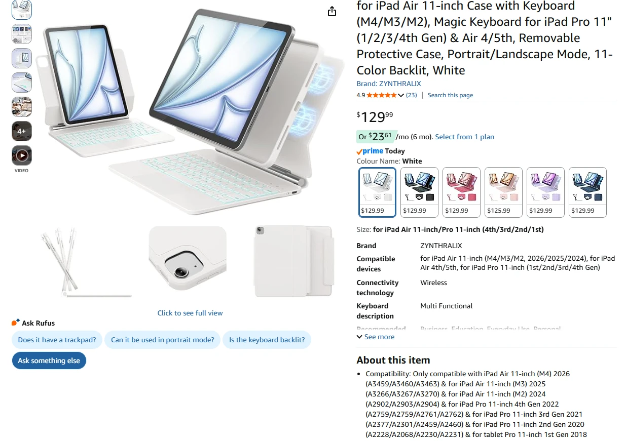 ZYNTHRALIX iPad Air 11" Case with Backlit Keyboard - White - photo 2