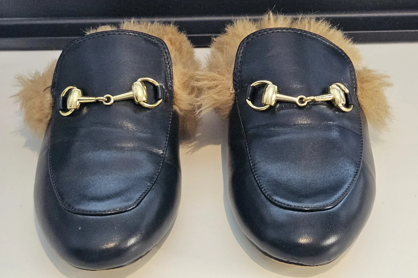 Gucci Black Leather Furry Mules - Size 7
