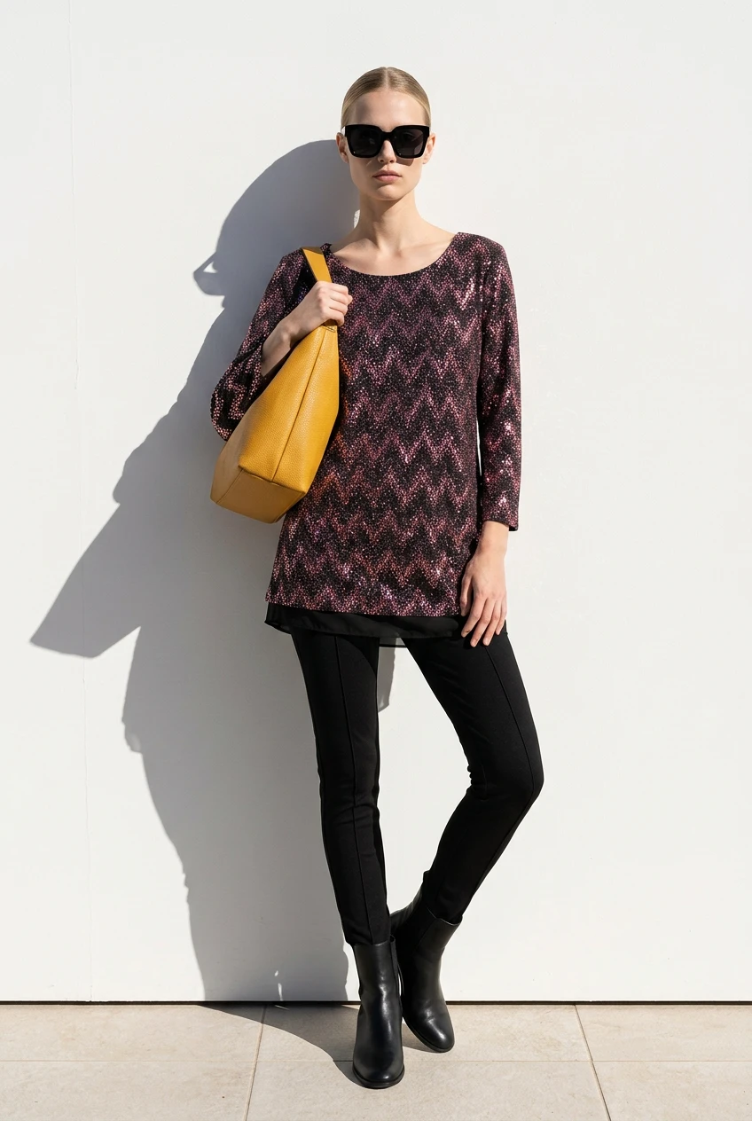 MSK Women's Metallic Sequin Chevron Zig Zag Tunic Top Size XL