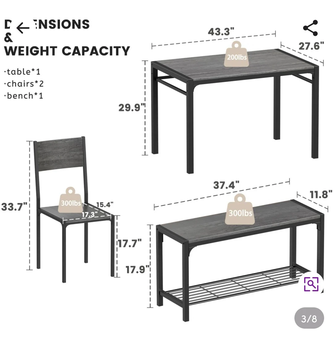 3-Piece Dining Set: Table, 2 Chairs, and Bench - photo 5
