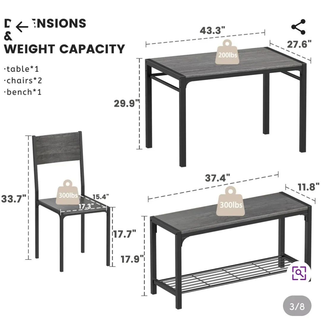 3-Piece Dining Set: Table, 2 Chairs, and Bench - photo 5