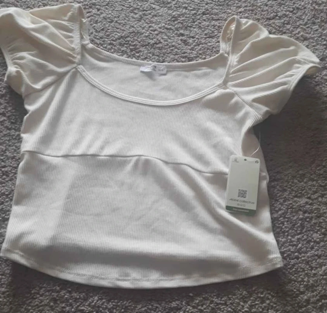 ARDENE Cream Ribbed Puff Sleeve Top XS/TP