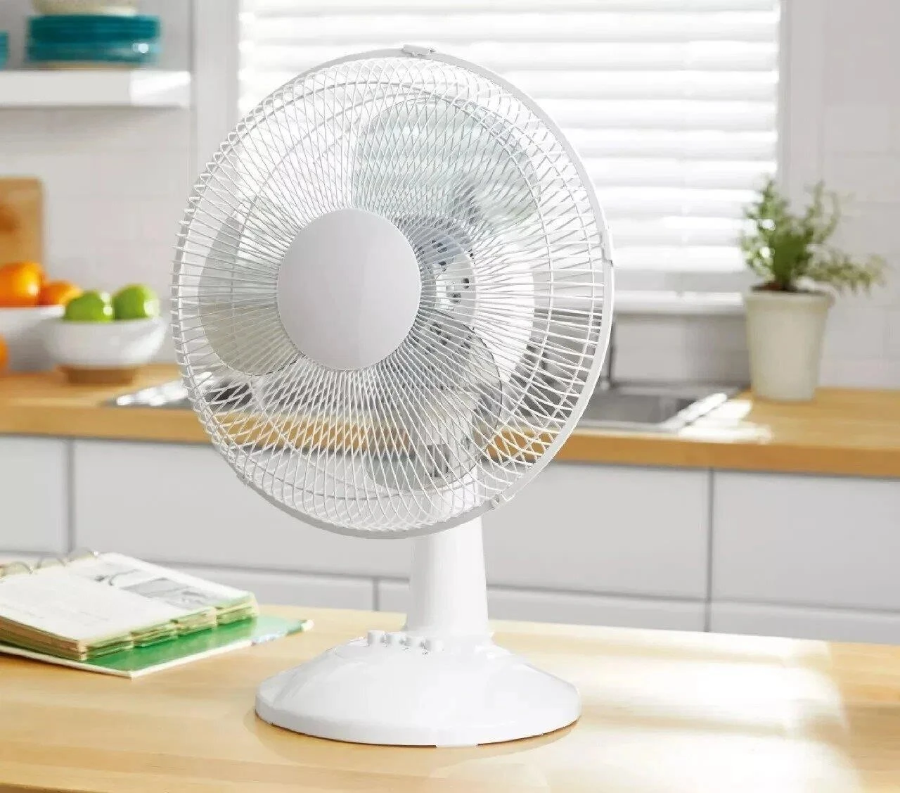 White oscillating desk fan