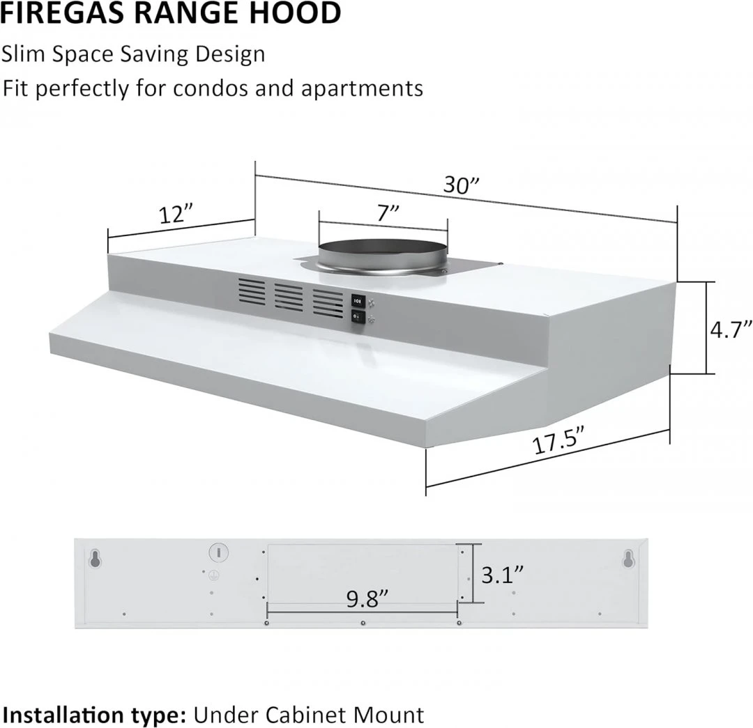 FIREGAS Range Hood 30 inch Under Cabinet, White Painted