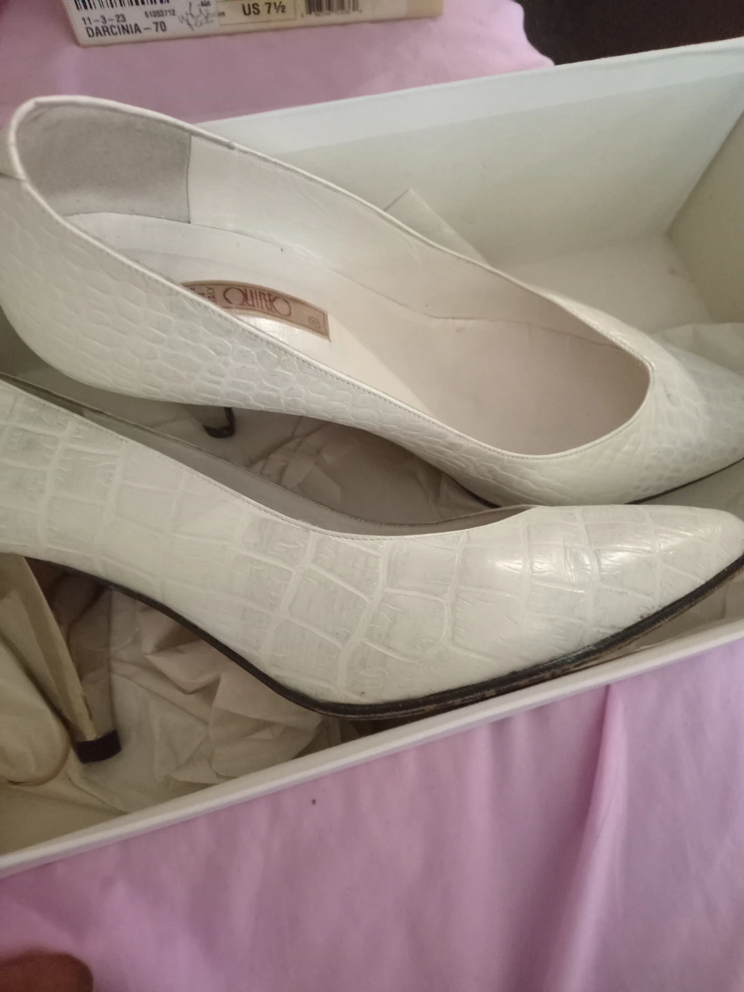 White Croc-Embossed Heels - Size 7.5