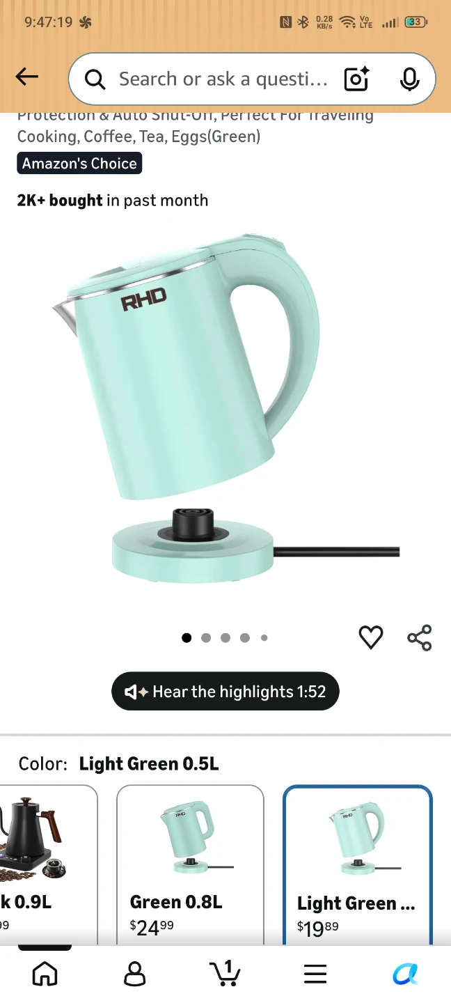 RHD 0.5L  Electric Kettle - Light Green (cash only)