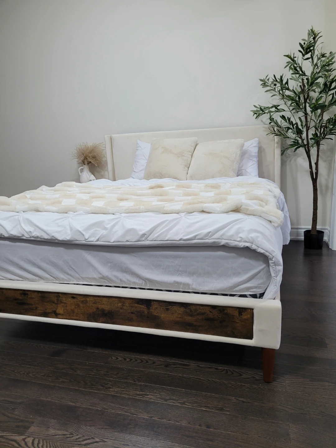 Cream Velvet Bed Frame with Wood Accents