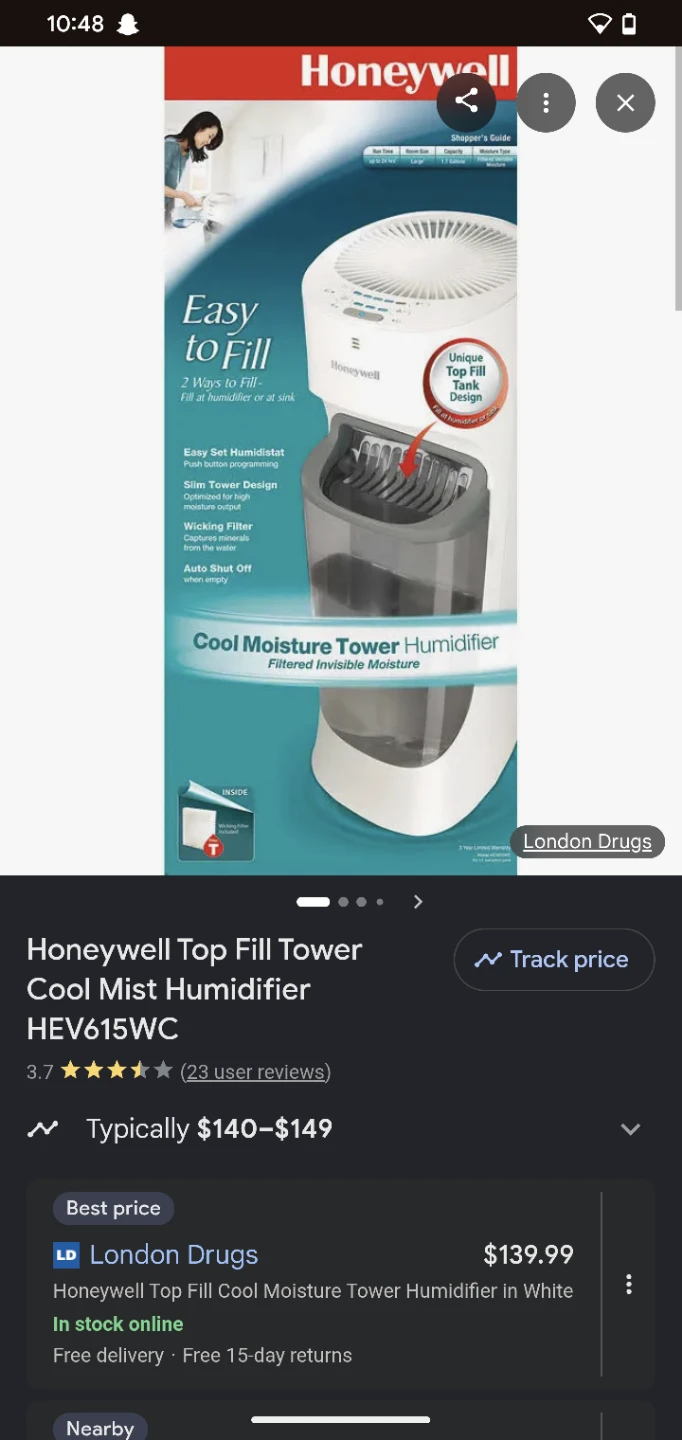 Honeywell Top Fill Tower Cool Mist Humidifier HEV615WC
